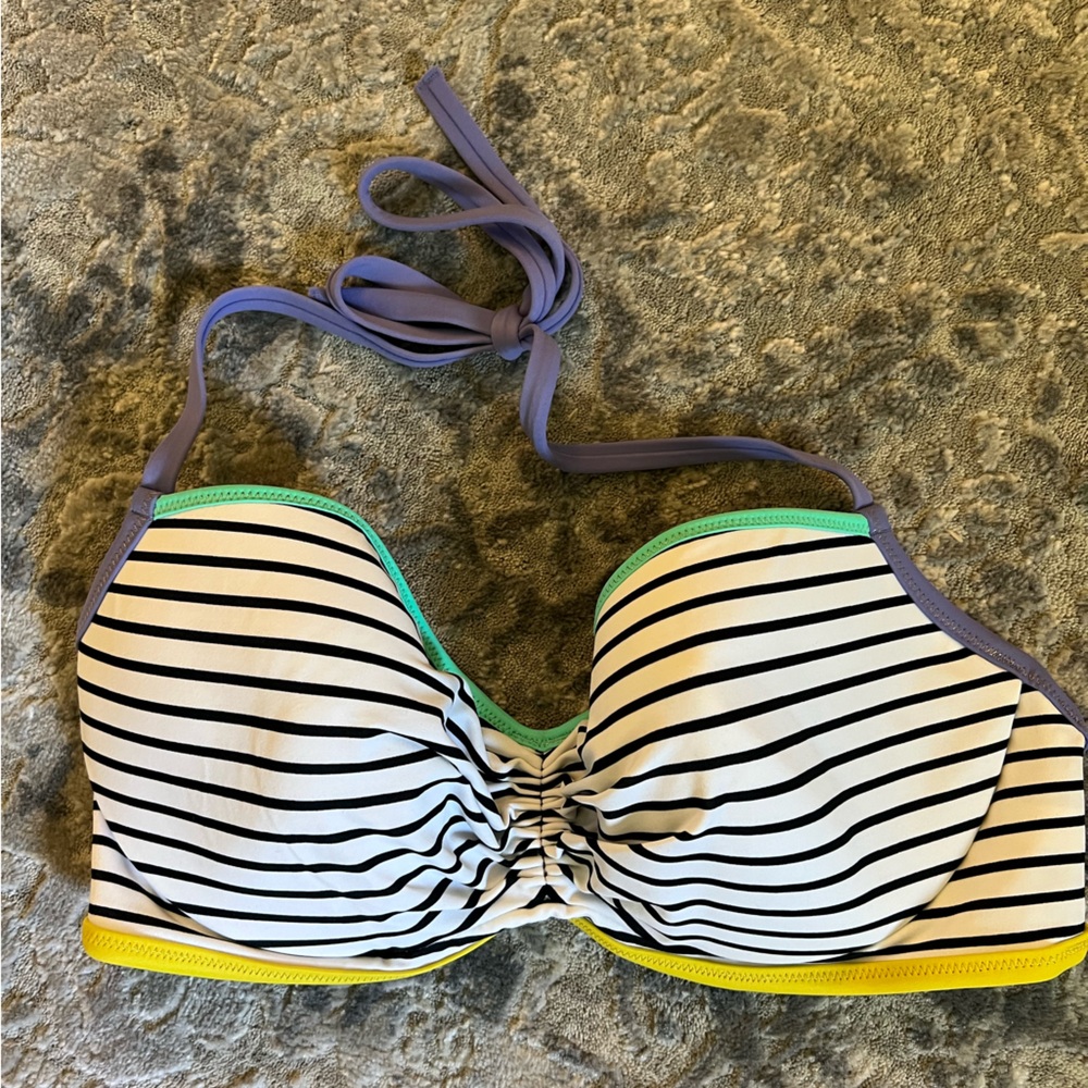 Victoria's Secret Black and White Striped Bikini Top with Yellow Trim